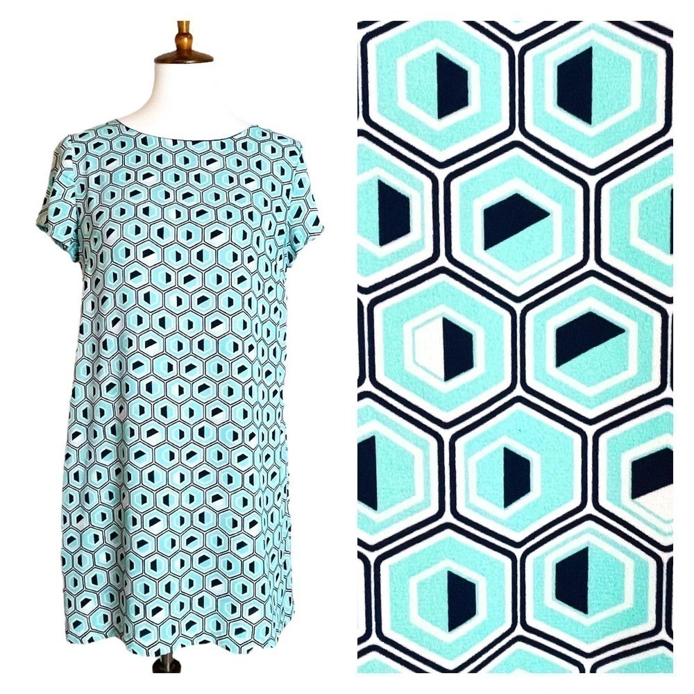🍀 Janette Fashion Navy Aqua White Geometric Shift Dress Women’s Medium - READ